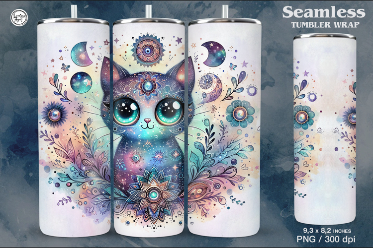 Hypno Cat. Celestial. Boho Seamless Tumbler Wrap 20 oz PNG