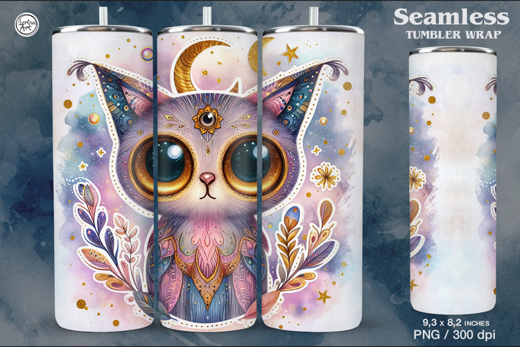 Hypno Cat. Celestial. Boho Seamless Tumbler Wrap 20 oz PNG
