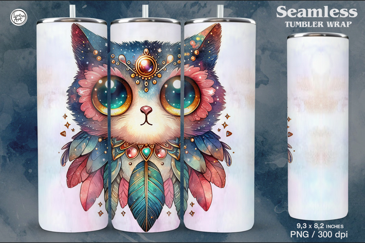 Hypno Cat. Celestial. Boho Seamless Tumbler Wrap 20 oz PNG