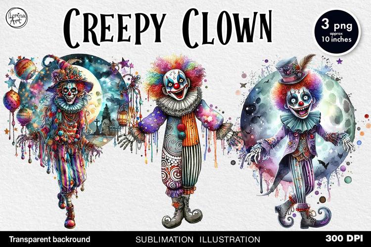 Watercolor Halloween Creepy Clown. PNG sublimation