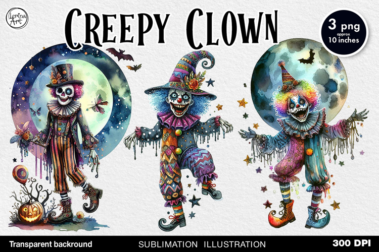 Watercolor Halloween Creepy Clown. PNG sublimation