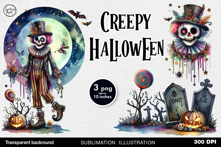 Watercolor Halloween Creepy Clown. PNG sublimation