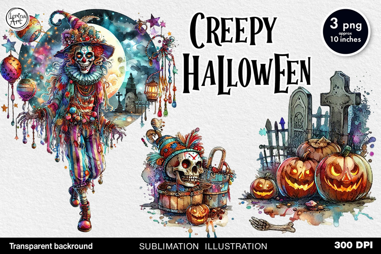 Watercolor Halloween Creepy Clown. PNG sublimation