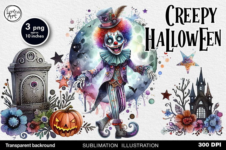 Watercolor Halloween Creepy Clown. PNG sublimation