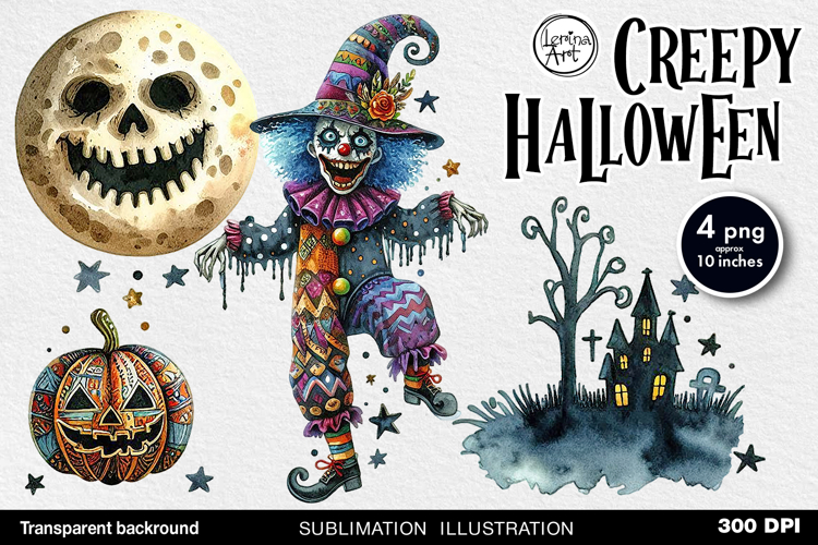 Watercolor Halloween Creepy Clown. PNG sublimation