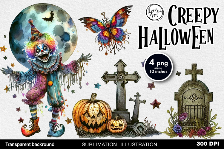 Watercolor Halloween Creepy Clown. PNG sublimation