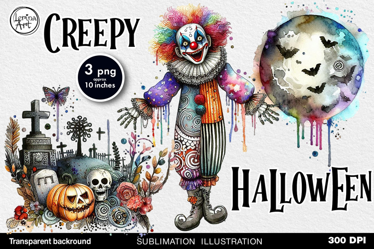 Watercolor Halloween Creepy Clown. PNG sublimation