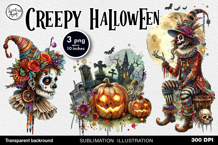 Watercolor Halloween Creepy Clown. PNG sublimation