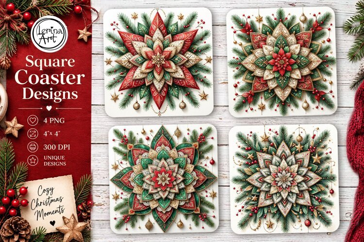 Christmas Coaster. Boho Coaster Design, 4 PNG