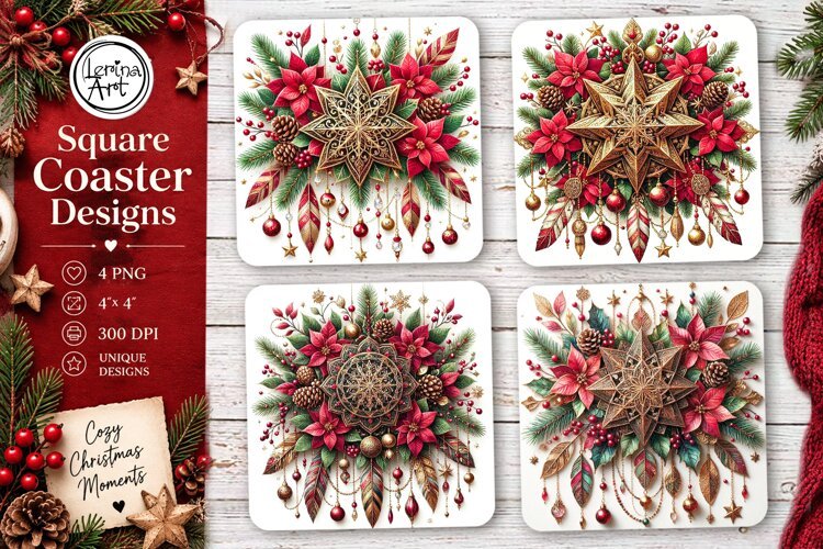 Christmas Coaster. Boho Coaster Design, 4 PNG