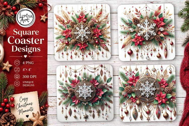 Christmas Coaster. Boho Coaster Design, 4 PNG