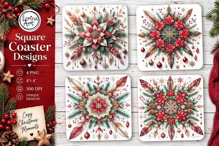 Christmas Coaster. Boho Coaster Design, 4 PNG
