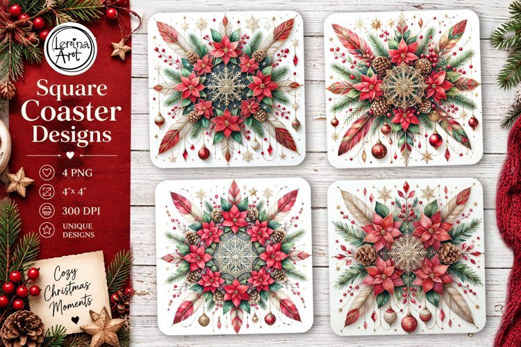 Christmas Coaster. Boho Coaster Design, 4 PNG