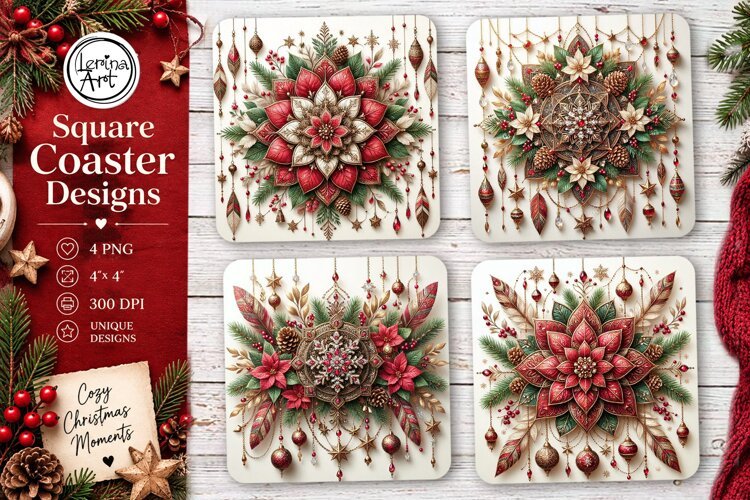 Christmas Coaster. Boho Coaster Design, 4 PNG