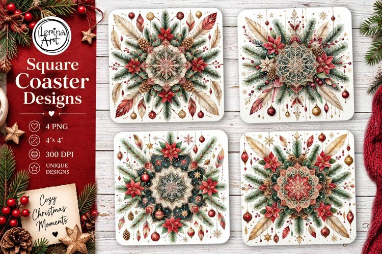 Christmas Coaster. Boho Coaster Design, 4 PNG