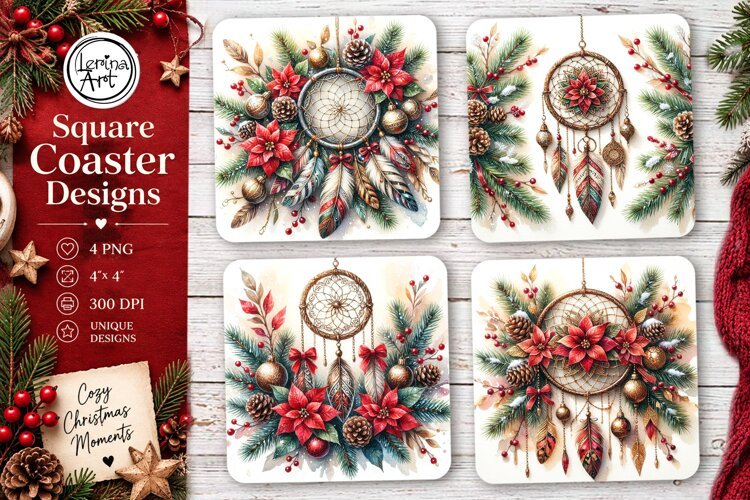 Christmas Coaster. Boho Coaster Design, 4 PNG