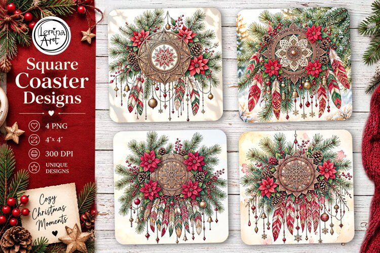 Christmas Coaster. Boho Coaster Design, 4 PNG