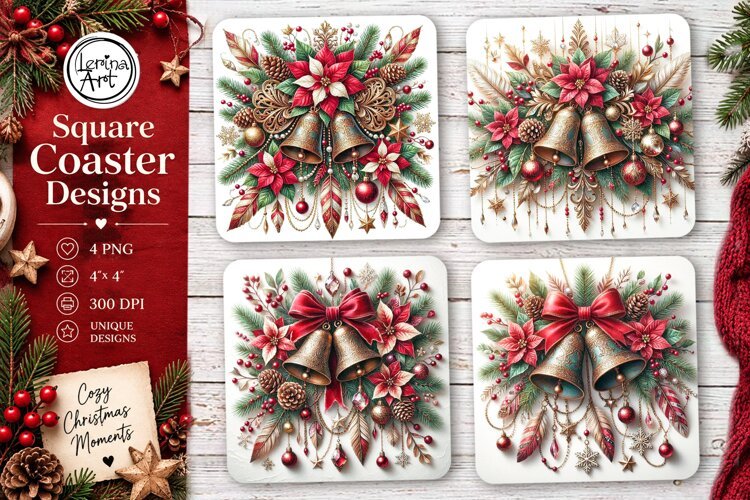 Christmas Coaster. Boho Coaster Design, 4 PNG