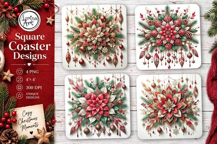 Christmas Coaster. Boho Coaster Design, 4 PNG