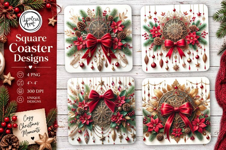 Christmas Coaster. Boho Coaster Design, 4 PNG