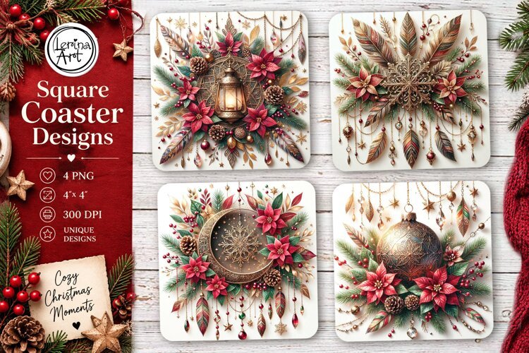 Christmas Coaster. Boho Coaster Design, 4 PNG