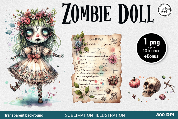 Watercolor Halloween Zombie Doll. PNG sublimation