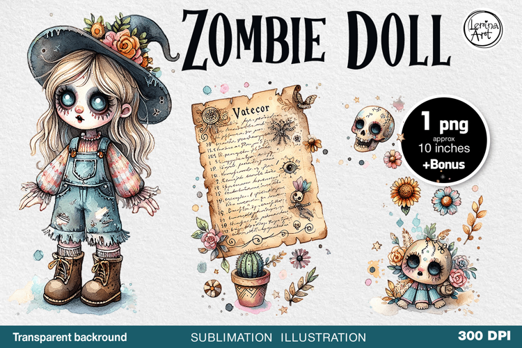 Watercolor Halloween Zombie Doll. PNG sublimation