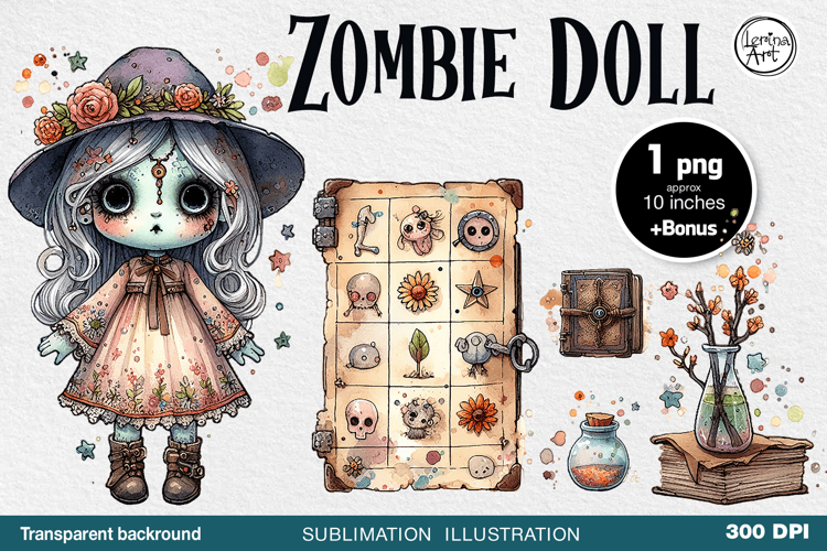 Watercolor Halloween Zombie Doll. PNG sublimation