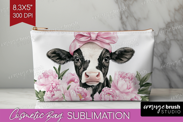 Cow Flowers Cosmetic Bag Cute Farm Makeup Bag PNG