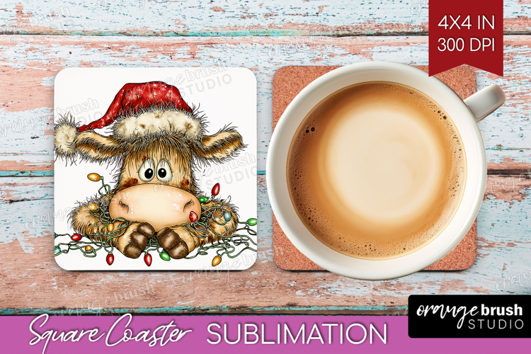 Cow Tangled In Christmas Lights Square Coaster Funny Xmas