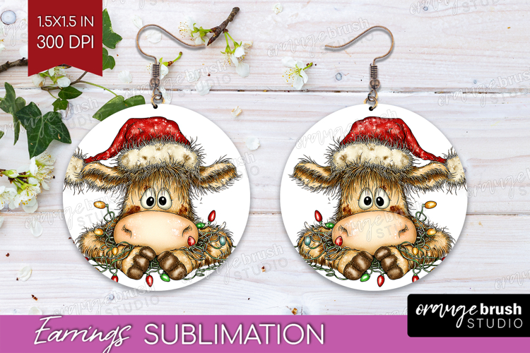 Cow Tangled In Christmas Lights Round Earrings Funny Xmas