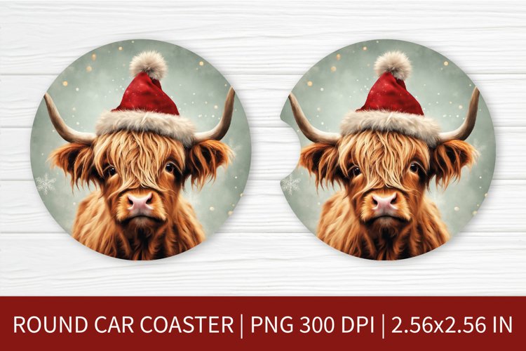 Round Car Coaster Sublimation Design | Highland Cow PNG