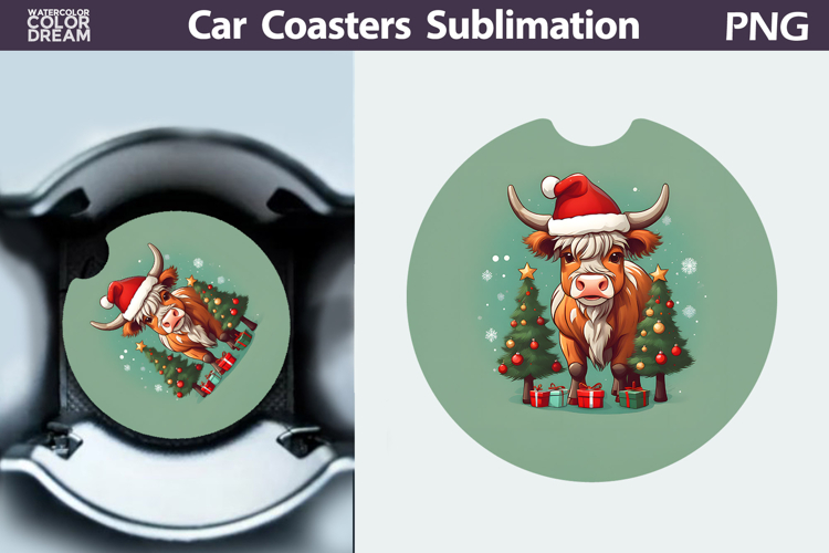 Highland Cow Car Coaster | Christmas Round Coaster