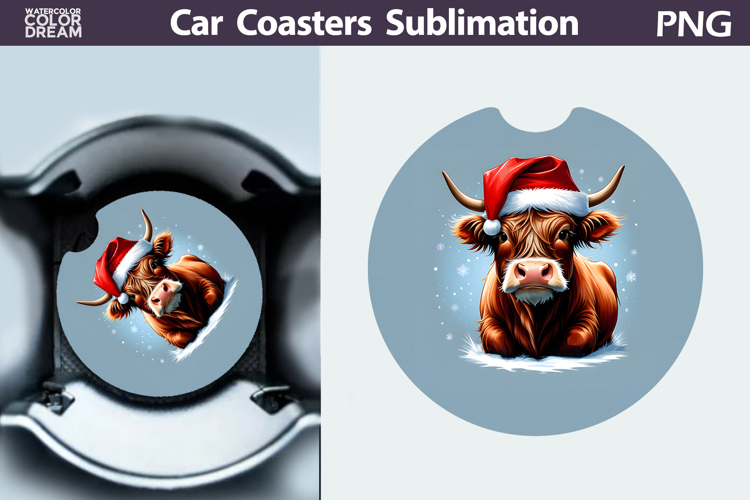 Highland Cow Car Coaster | Christmas Round Coaster
