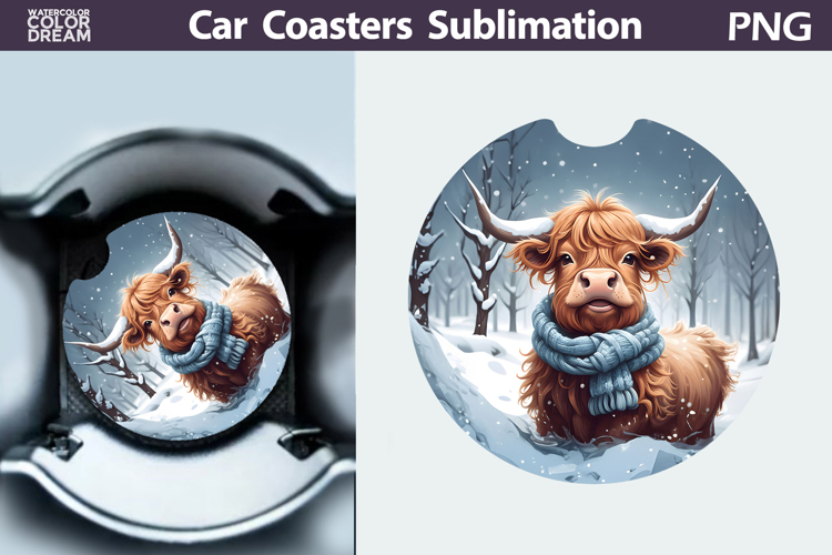 Highland Cow Car Coaster | Christmas Round Coaster