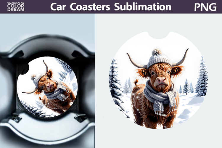 Highland Cow Car Coaster | Christmas Round Coaster
