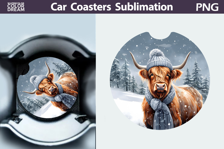 Highland Cow Car Coaster | Christmas Round Coaster