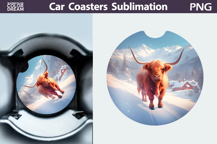 Highland Cow Car Coaster | Christmas Round Coaster