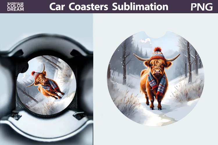 Highland Cow Car Coaster | Christmas Round Coaster