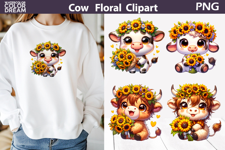 Sunflower Cow Clipart | Cute Farm Sublimation