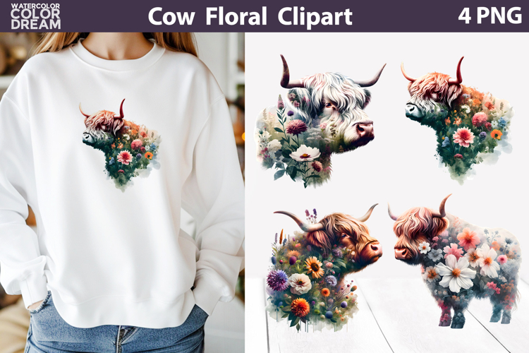 Floral Cow Clipart PNG | Farmhouse Sublimation