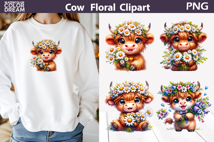 Wildflower Cow Clipart | Cute Farm Sublimation