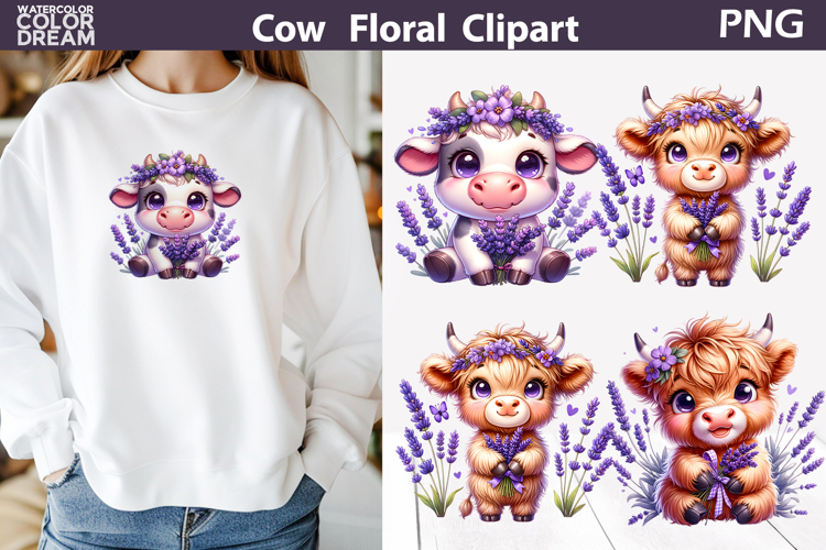 Lavender Cow Clipart | Cute Farm Sublimation