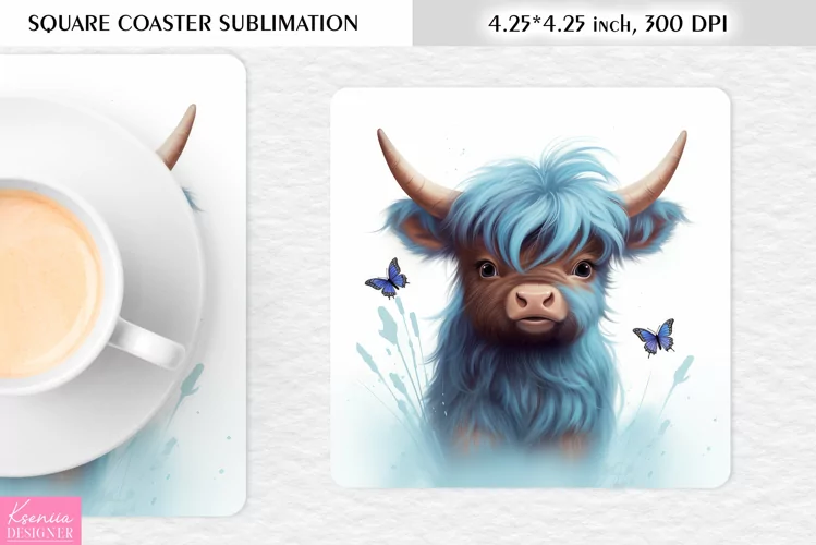Watercolor Blue Highland Cow|Cow Square Coaster