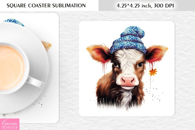 Watercolor Baby Cow Wearing Blue Hat|Cow Square Coaster example image 1