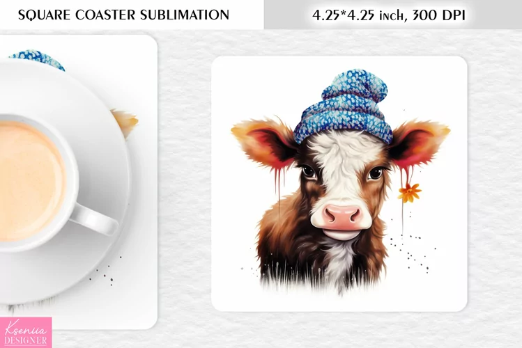 Watercolor Baby Cow Wearing Blue Hat|Cow Square Coaster