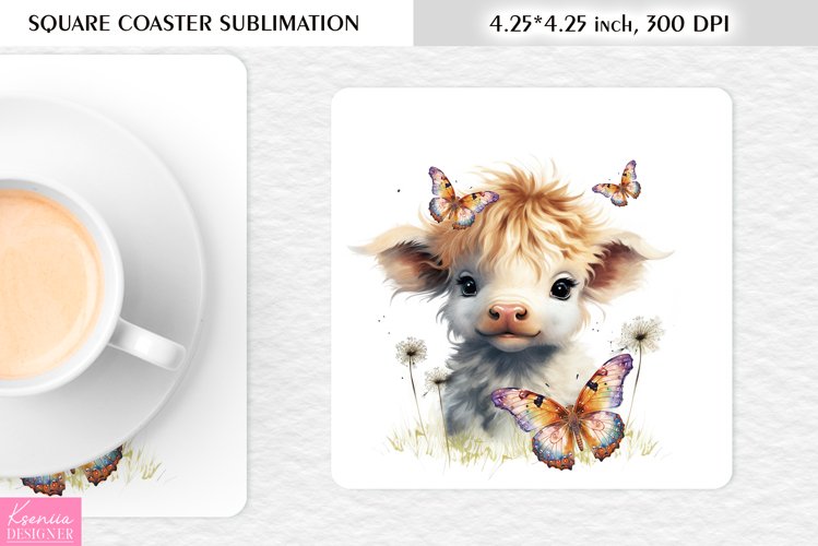 Watercolor Highlandcow and Butterfly|Cow Square Coaster example image 1