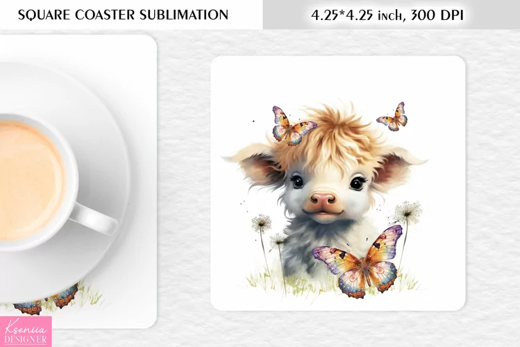 Watercolor Highlandcow and Butterfly|Cow Square Coaster