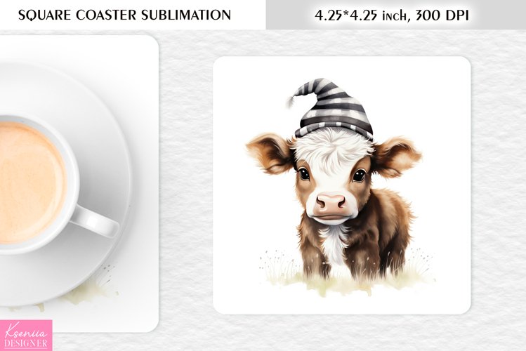 Watercolor Baby Cow Wearing Striped Hat|Cow Square Coaster