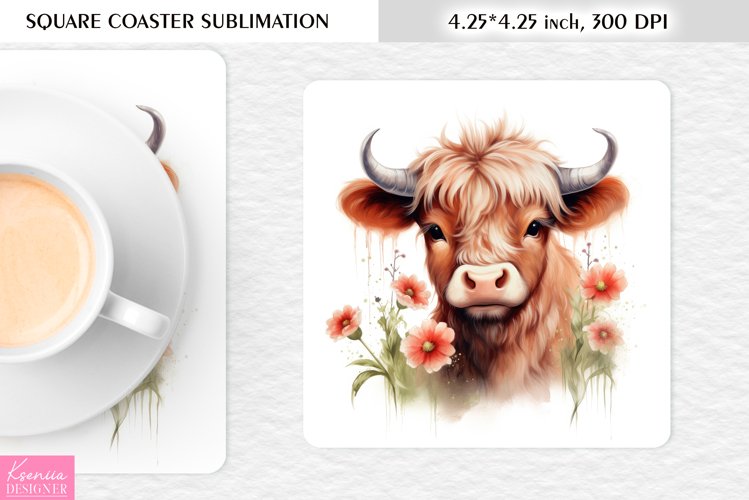 Watercolor Floral Higland Cow|Cow Square Coaster